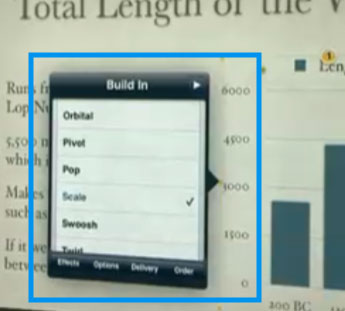 Keynote for iPad, showing an animations list attached to a bar-chart.