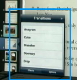 Keynote for iPad, showing an animations list attached to a slide.