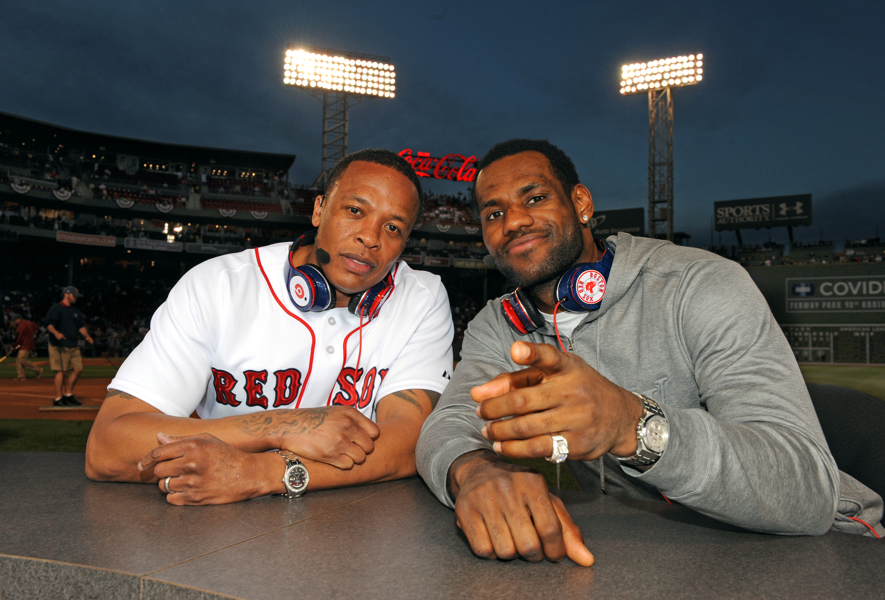 Lebron James and Dr. Dre on the field at Fenway Park