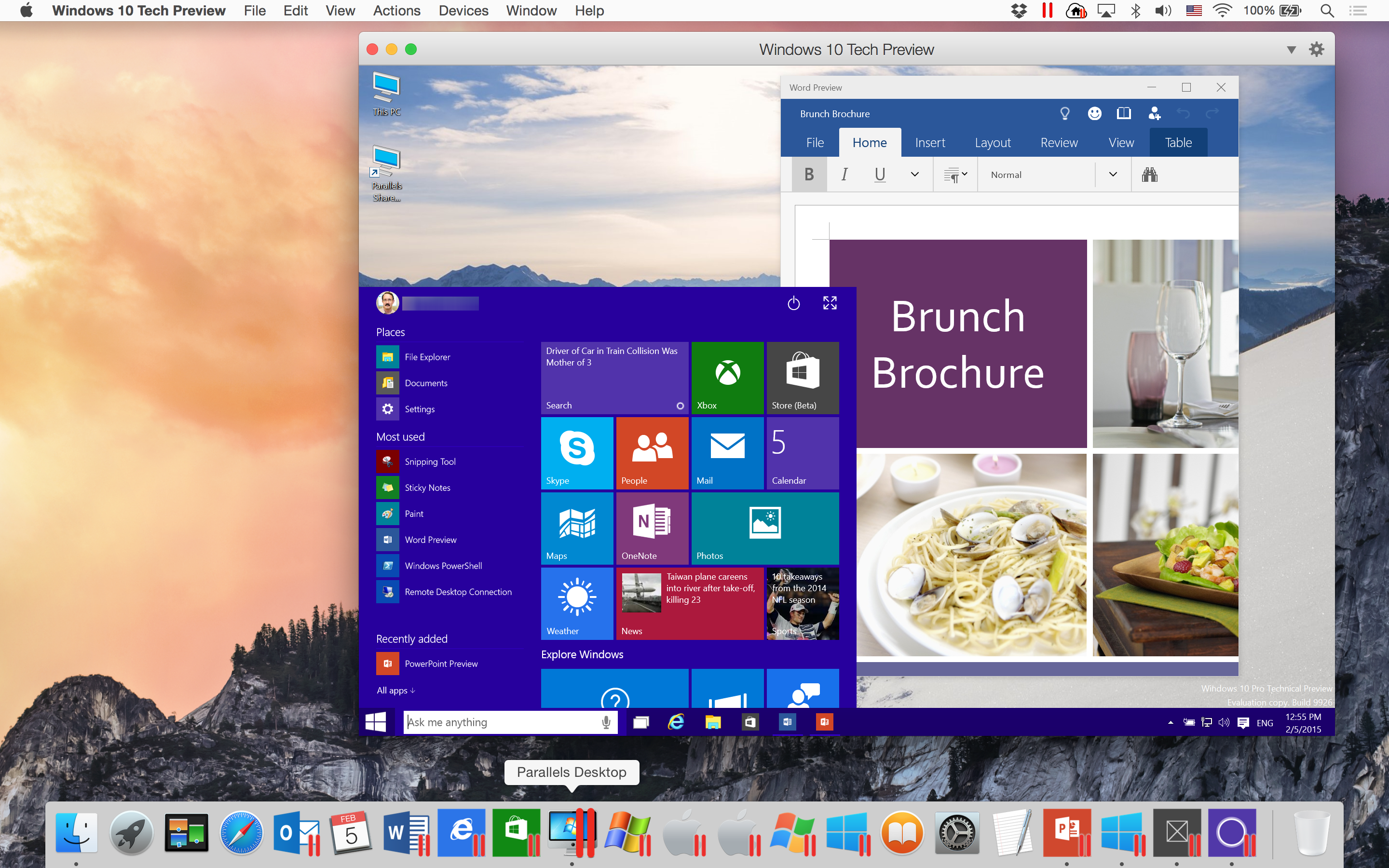 Windows 10 Tech Preview in Parallels Desktop 10 on Mac OS X Yosemite