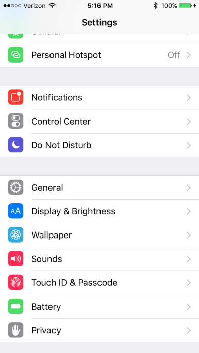 iOS 9 Settings Battery