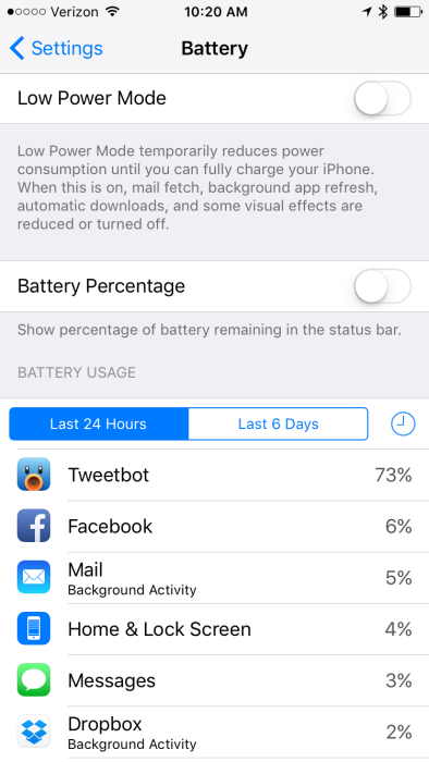 iOS 9 Low Power Mode Settings