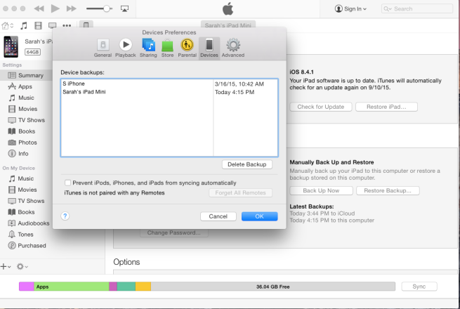 Checking backup in iTunes 12