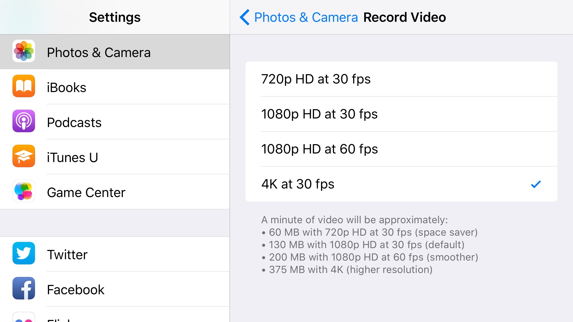 iPhone 6s Plus video settings