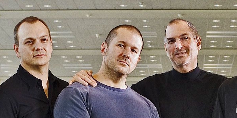 A group portrait of Apple CEO Steve Jobs, with some of his executives who designed the iPhone. From left: Philip Schiller, iPod Boss Tony Fadell, Design Chief Jonathan Ive, Apple CEO Steve Jobs, Scott Forstall, and Eddy Cue. Jobs announced the iPhone during a keynote presentation at the MacWorld conference in San Francisco. The iPhone is set to revolutionize mobile phone technology, combining the capabilities of a cell phone, an iPod, and an internet communications device with a revolutionary touch-screen design.