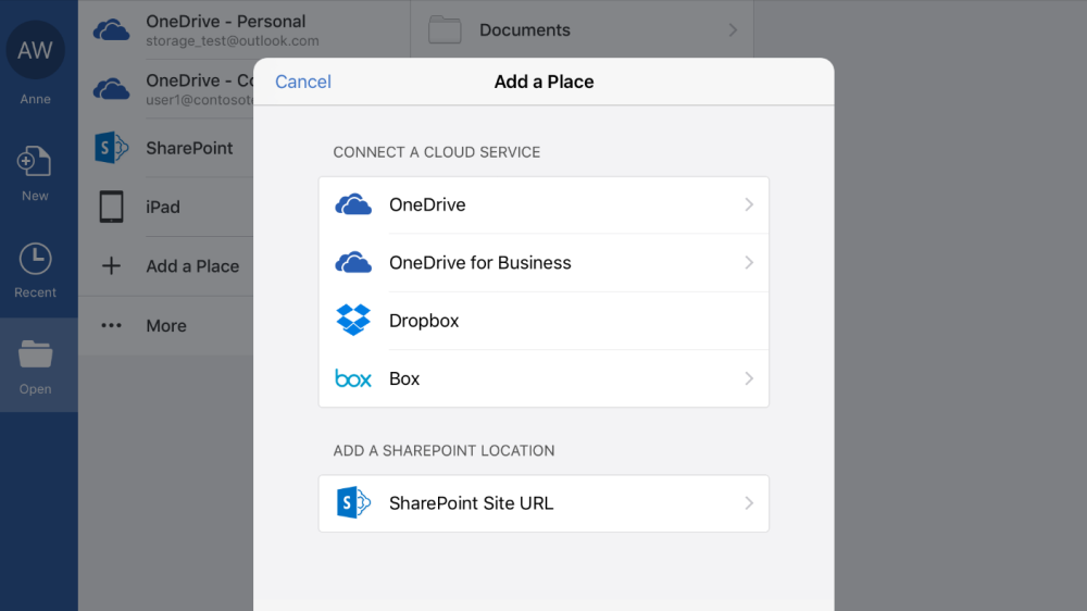 Office for iOS Cloud Storage Options