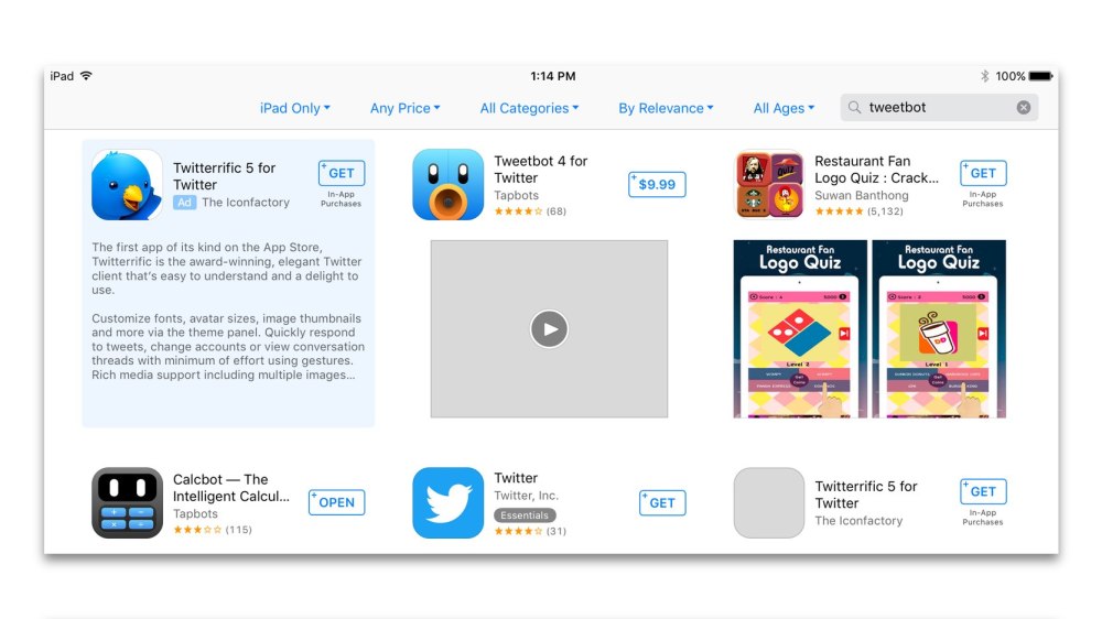 App Store search results when looking for Tweetbot on iOS 10 beta 1