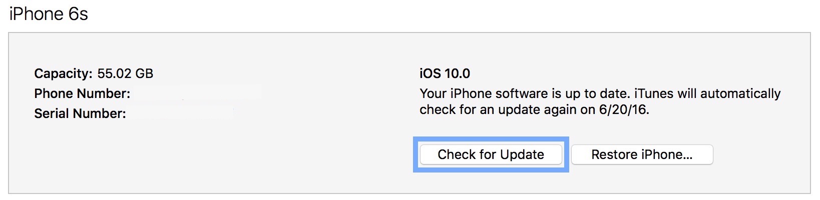 iOS 10 iTunes Check for Update Downgrade