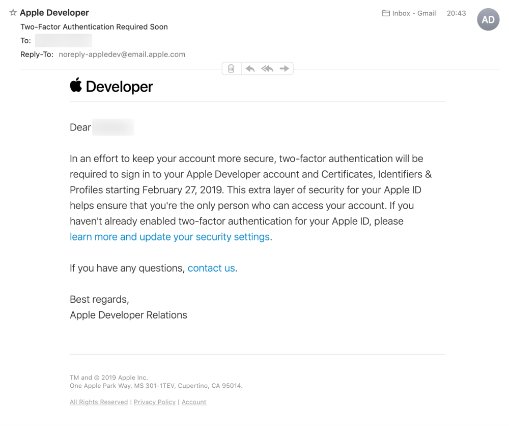 apple developer two factor email