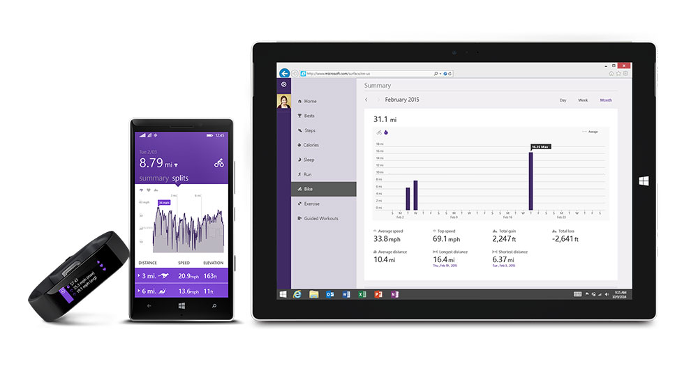 microsoft band with an app on windows mobile and a computer