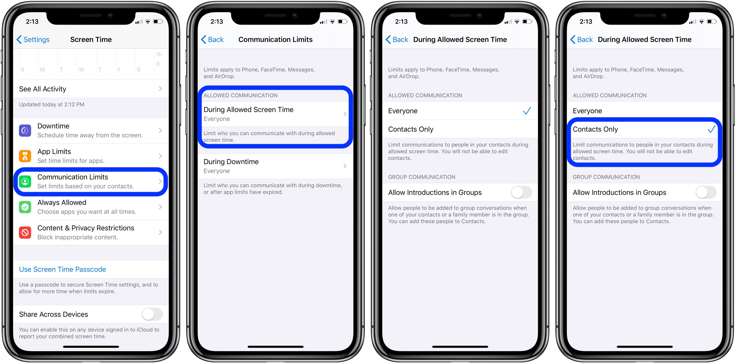 how to set communication limits kids iPhone iOS 13