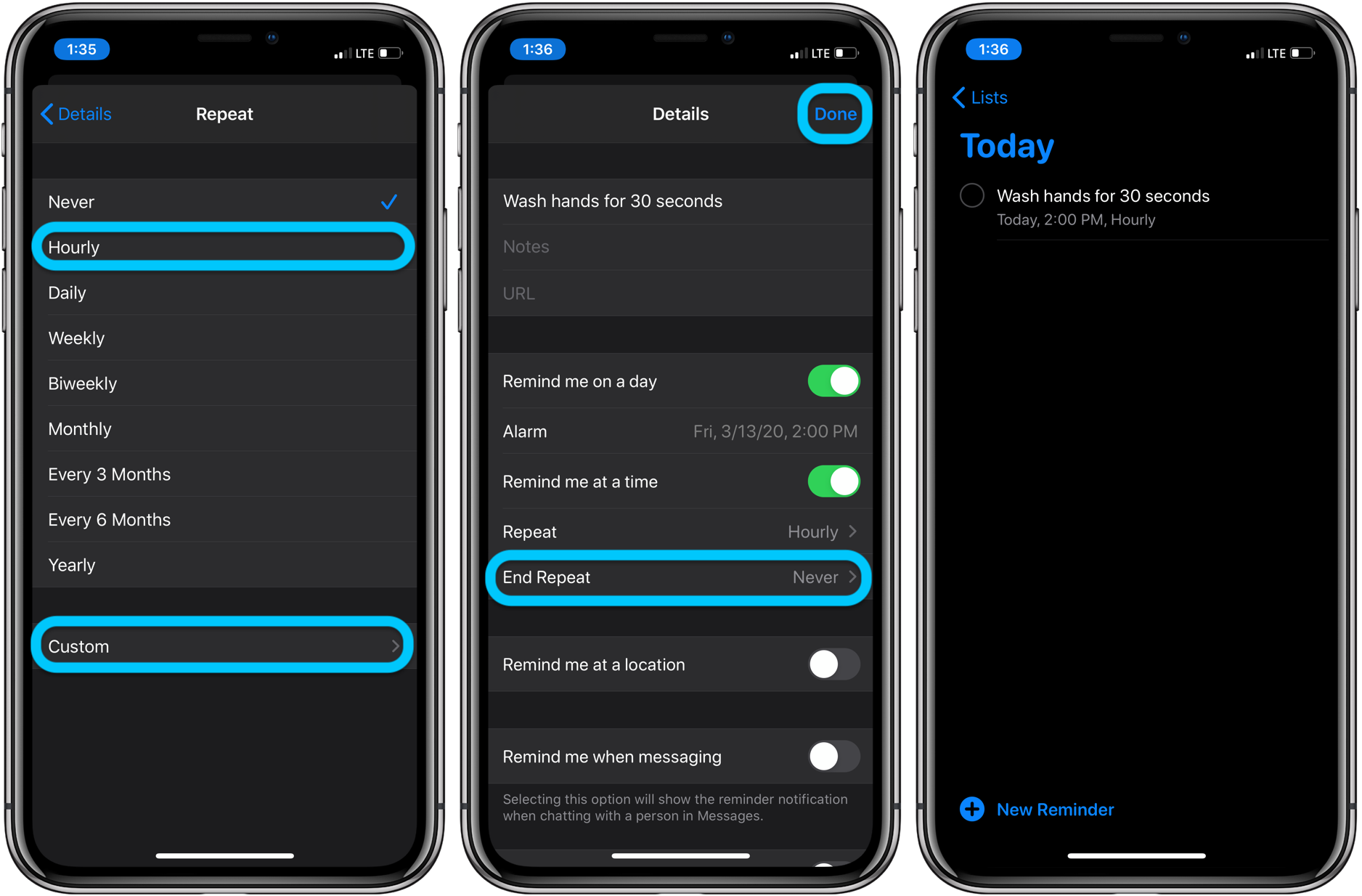 How to set hourly reminders iPhone apple watch wash hands don't touch face walkthrough 2