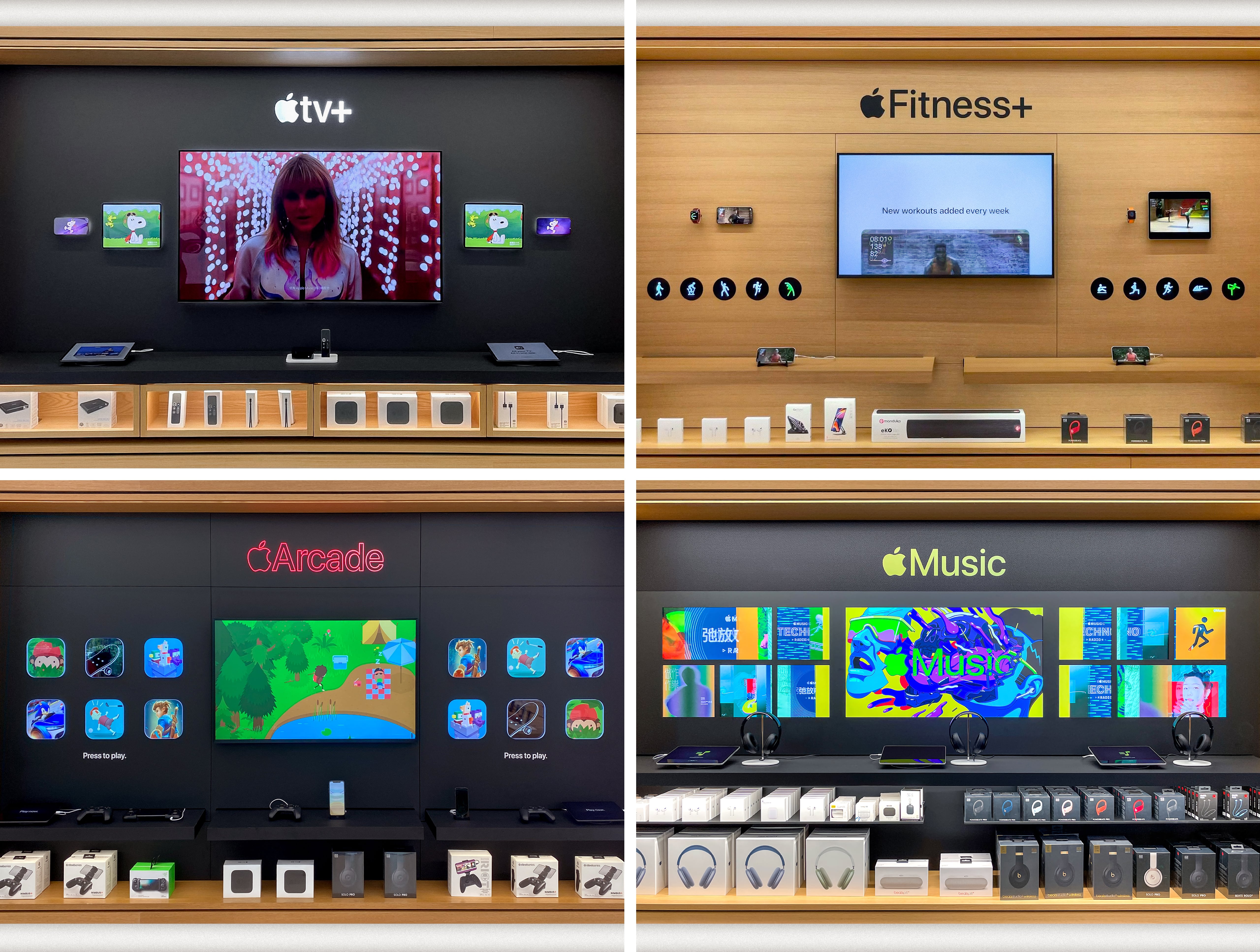 Apple TV+, Apple Fitness+, Apple Arcade, and Apple Music displays.