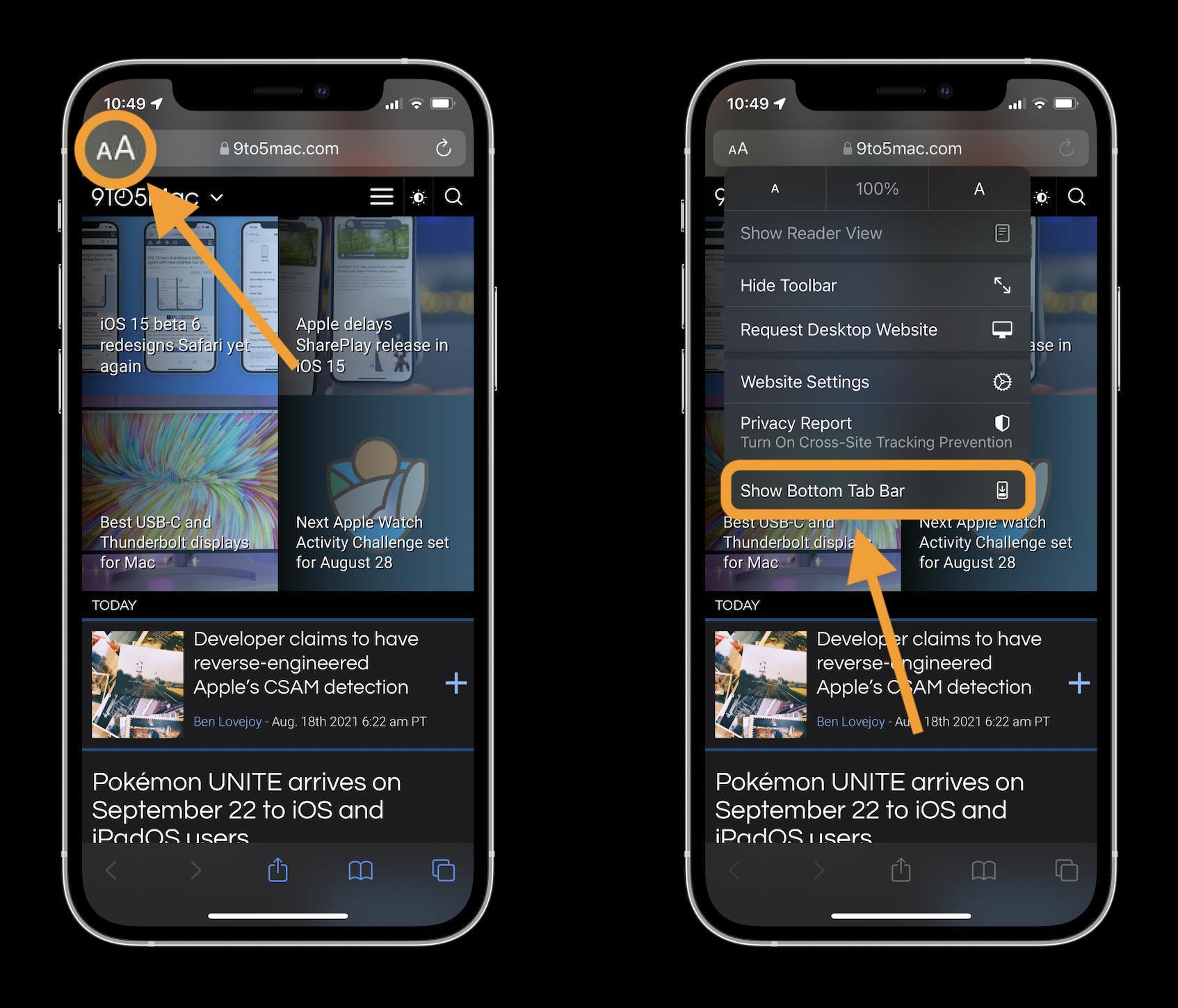 How to change iOS 15 Safari address/search bar on iPhone walkthrough 2- tap aA icon in top left corner in the address/search bar and tap Show Bottom Tab Bar
