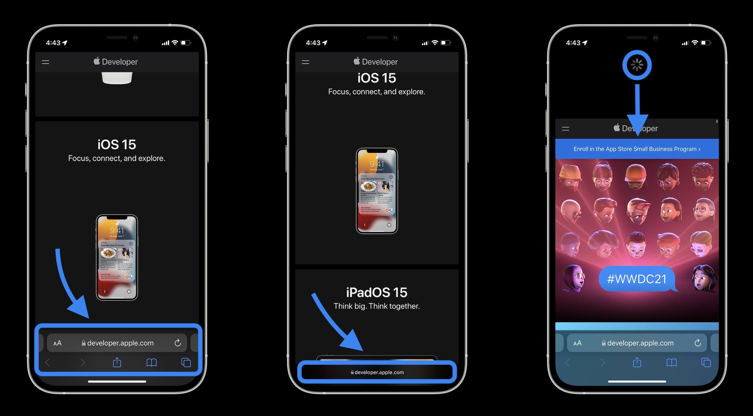 How Safari in iOS 15 works layout and navigation - tap search bar or swipe up on tab bar then tap the + icon to open a new