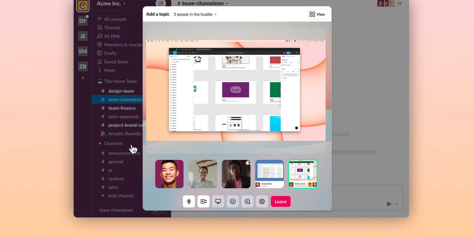 Slack Huddles video screen sharing