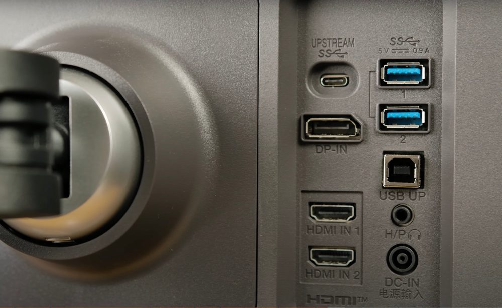 LG DualUp inputs. USB-C, DisplayPort, Two HDMI Ports, USB-Type B upstream port, two. USB-A downstream ports, a headphone jack, and its DC input.