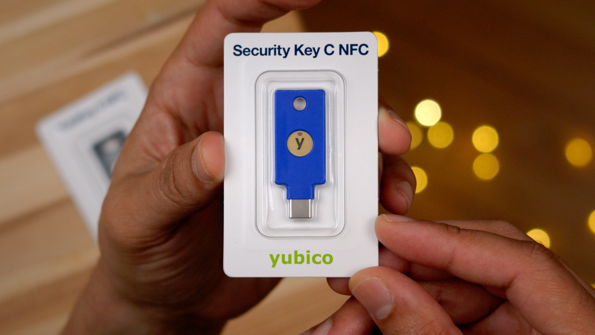 A close up of the packaging of the Yubico Security Key C NFC.